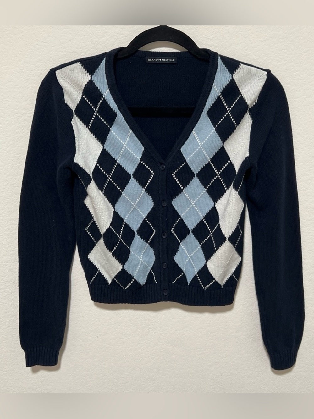 Brandy Melville Navy, Light Blue & White Argyle V‑Neck Cardigan